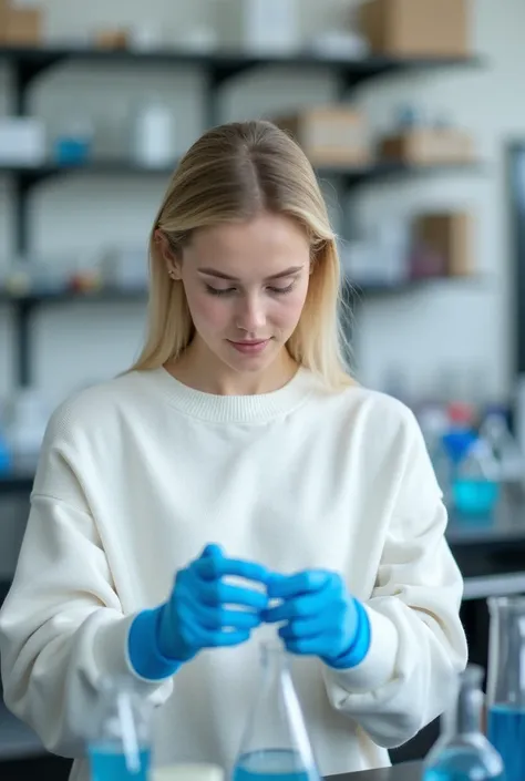 white college girl wearing a white sweater and bright blue nitrile gloves while at a lab station in a science classroom