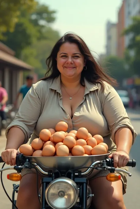 A very fat nice woman carring a lot of eggs on motor bike and her boobs is very big and the picture looks real