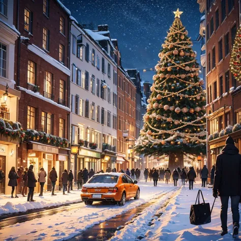  christmas , 8 k, super detailed , highest quality,  city city ,  christmas decorations,  christmas outfit, busy people walk , back view orange car ,  there is a Christmas tree in the trunk of the car,   snow , winter, beatiuful  snow flakes, street,  cove...