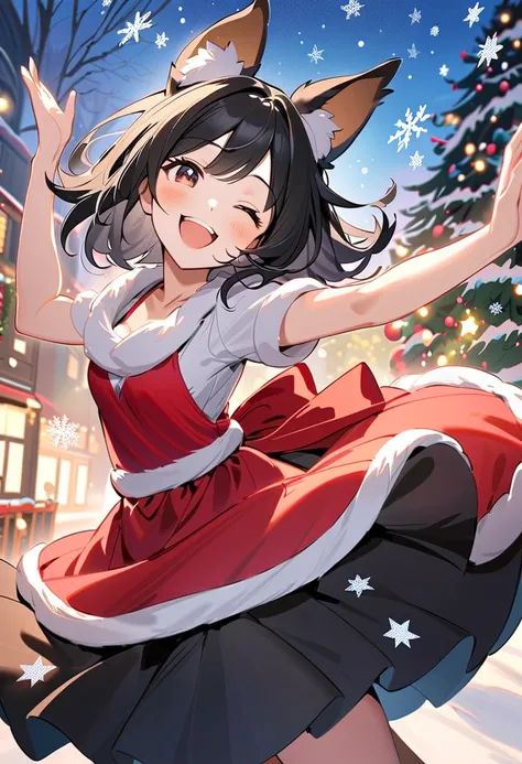 Dog ears girl，    black hair，Black Ear， Christmas，smile，dance，Snowflakes fluttering ，fun