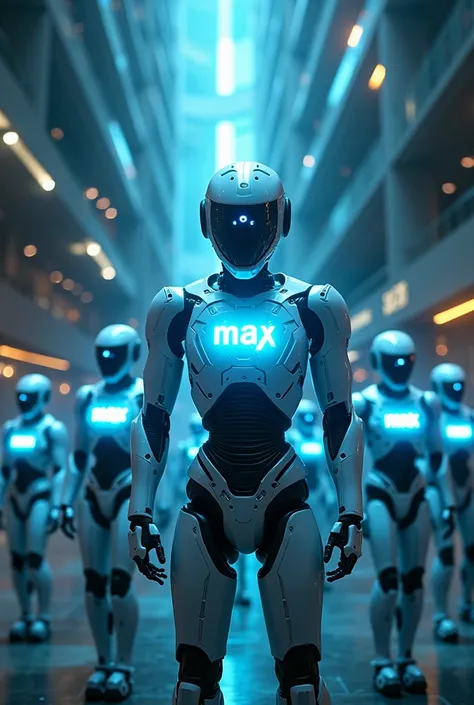  A futuristic robotic city where robots display a holographic blue "MAX" on their screens or faces, lighting up the surroundings.