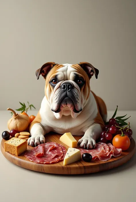 Peux tu me faire une photo d’un bouledogue sur une planche de charcuterie 