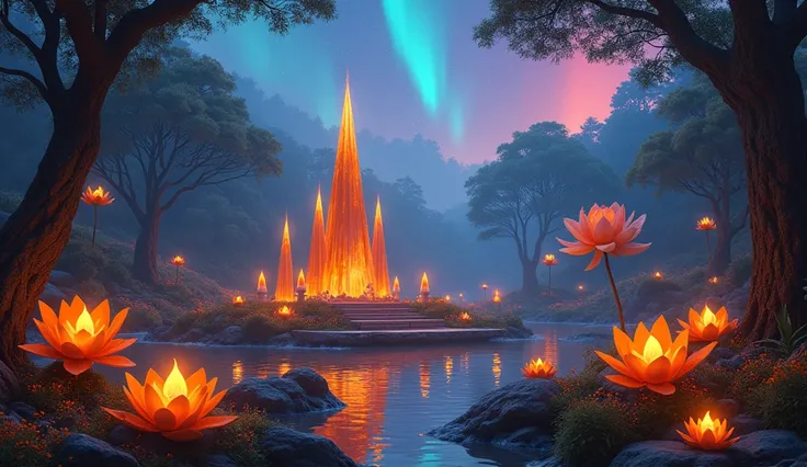  Fantasy temple with peaked towers of orange light crystal ,  the temple has 3 small balls of precious orange light on the top,  at night,  clear sky  con la aurora boreal de color naranja,  3 very large orange roses ,  at night,  7 orange water lilies flu...