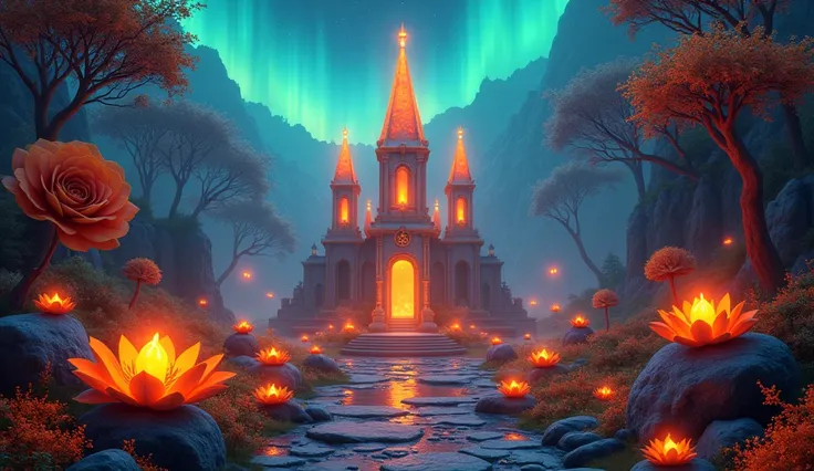  Fantasy temple with peaked towers of orange light crystal ,  the temple has 3 small balls of precious orange light on the top,  at night,  clear sky  con la aurora boreal de color naranja,  3 very large orange roses ,  at night,  7 orange water lilies flu...