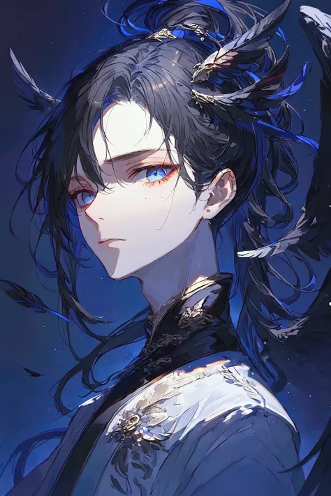 Illustration, highest quality, pixiv illustration, very detailed, animation, (((alone)) ((man))), solo, detailed eyes and detailed face, black hair, blue eyes, long hair, black wings, flying soft black feather background, black feather one ornament on the ...