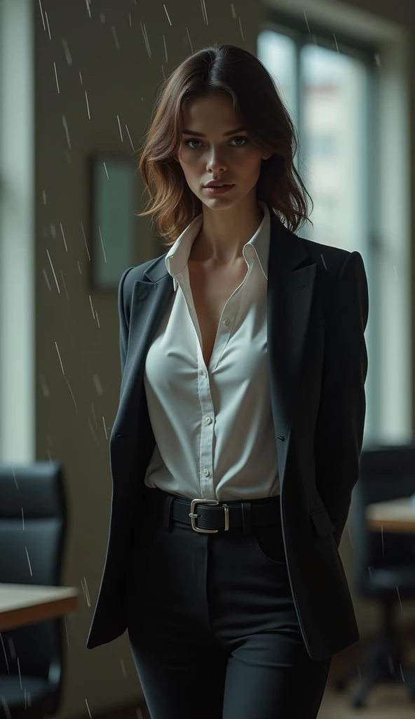 a woman in a suit, belt, hands behind back, sweating, , black pants, sexly, large breasts, see-through clothing, rain, detective, office worker, white button-up shirt, (best quality,4K,8k,highres,masterpiece:1.2),ultra-detailed,(realistic,photorealistic,ph...