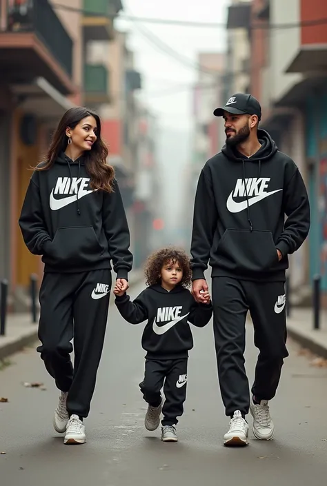 Un homme en survêtement Nike accompagner dune femme en survêtement Nike avec un enfant en survêtement Nike 

Dans un décor street