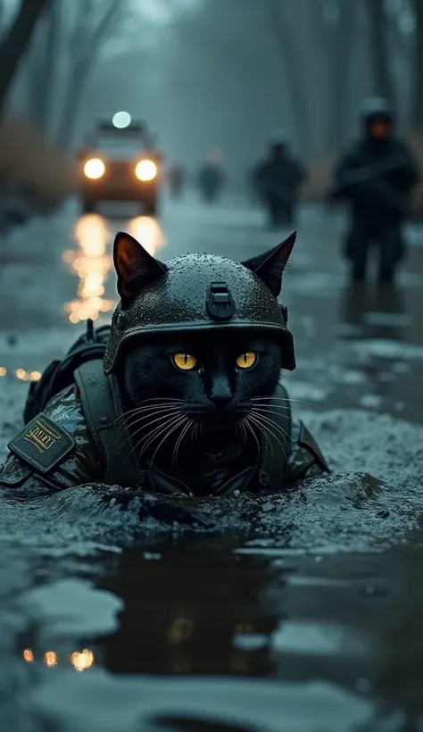 "Depict the Navy SEAL cat swimming stealthily through a murky river under the cover of darkness. His uniform is wet and glistening, with water droplets on his helmet and goggles glowing faintly. Nearby, enemy guards patrol along the riverbank, their flashl...