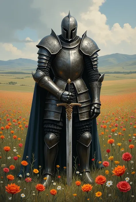 painting of a medieval full armored warrior holding a sword in a field of flowers standing in the plains, bloodborne concept art, medieval fantasy art