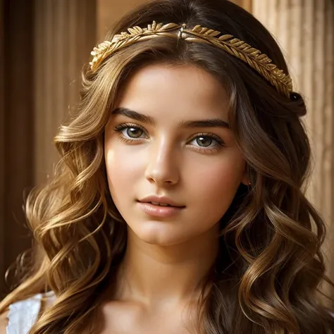 19 year old beautiful woman. Becoming the Greek goddess Aphrodite wavy hair, in ancient greek style clothes , close up