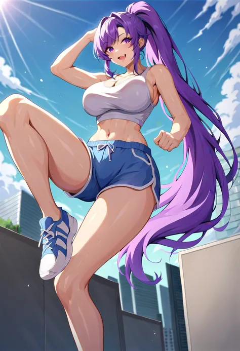 nsfw, High Quality,score_9, score_8_up, score_7_up,  1 girl, Alone, Misono Kirika , Bloomers, white tank top , dynamic pose, Big Breasts ,Purple Hair, long hair,  high ponytail ,   purple eyes ,crevasse,Big Breasts,  Big Breasts ,looking at you, city, Phot...