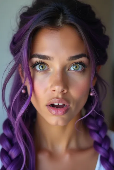 Photo of a womans face,  she is surprised , purple braids