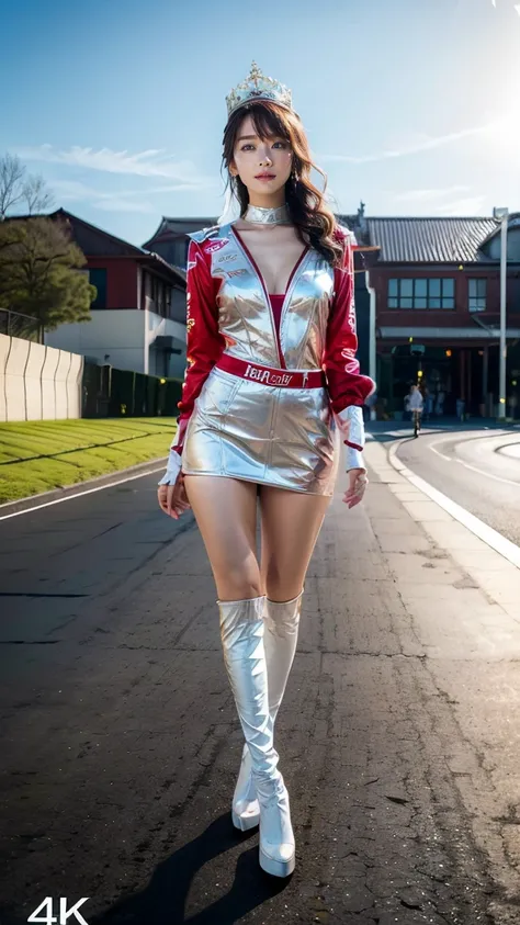 A beautiful Japanese woman, 20 years old, perfect anatomy, healthy thighs, beautiful legs, beautiful skin, random hair color, random hairstyle, large breasts, race queen, (race queen costume:1.3), zent, (she is standing:1.2), full body shot, high heels, ra...