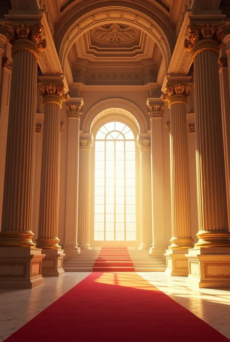 A magnificent royal court hall with golden pillars, red carpets, and sunlight streaming in through tall windows.

