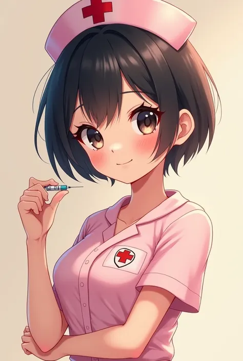  cute、 short hair、 boyish、 black hair、 Nurse、upper body drawing、Clothes are light pink、Short sleeve、 syringe、 has big eyes 、 long lashes、Big Breasts