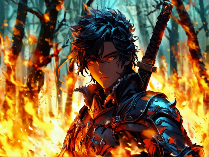  A young warrior with a determined eye ,  with a sword forged in light and fire .  He is surrounded by burning flames that symbolize his determination and sacrifice.  The environment in the background is a forest on fire during the night , with ashes float...