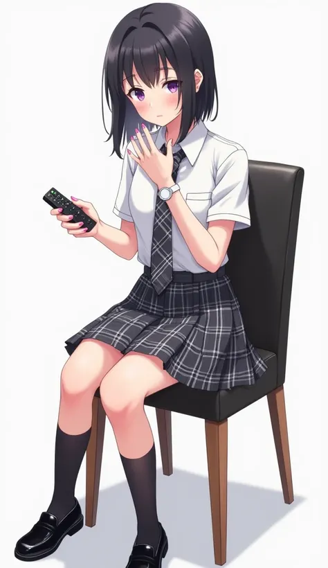 Teenage woman with short black hair and purple eyes and with white anime watch and pink nails with white short-sleeved shirt and plaid Scottish tie in shades of dark gray and white and plaid pleated skirt in combination of dark gray and white colors, follo...