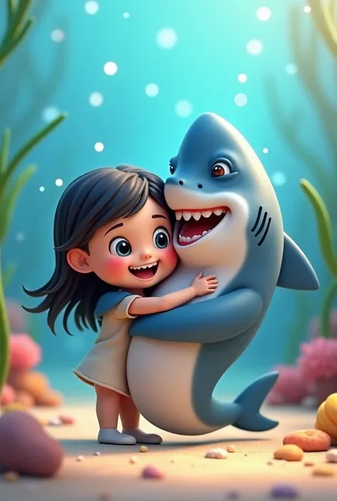 a chibi cartoon 3d young girl embracig a big lovely shark with a sparkling eye