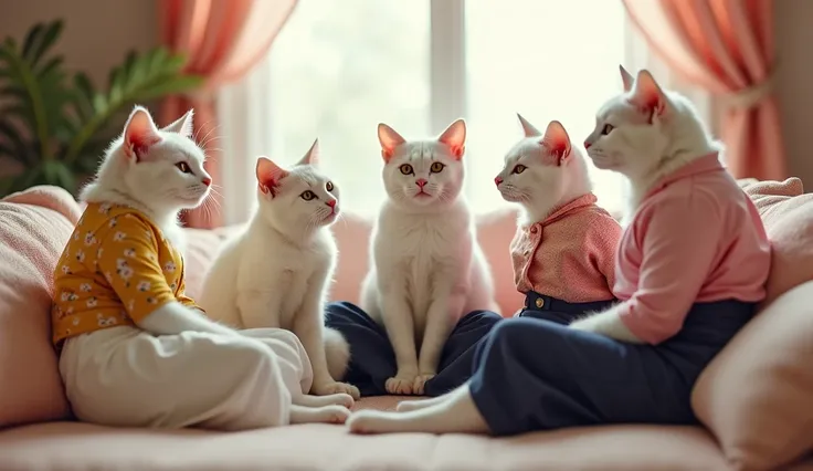 
A group of five beautiful white female cats, all around the age of 20, sit together in a cozy living room decorated with pastel curtains and soft cushions. These elegant cats, slim and upright-walking like humans, wear stylish outfits: one in a yellow flo...