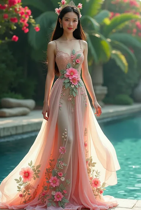 Help design a national dress related to Ms. Songkran, with a modern, flowing, flowing stream, with lovely flowers, big round eyes, dark black hair, white skin, plump body with soft water.