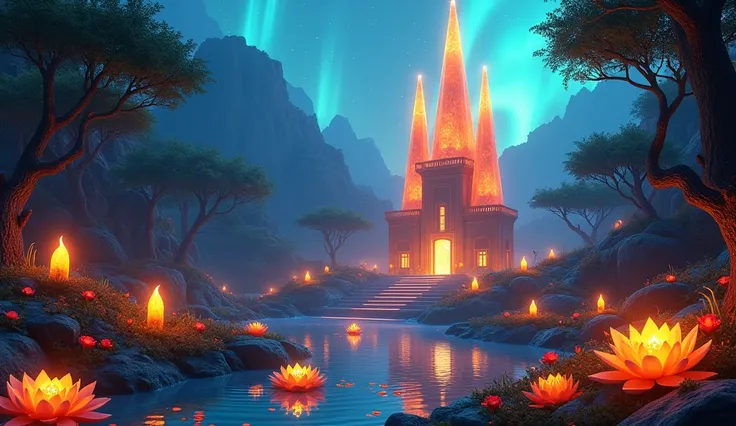  Fantasy temple with peaked towers of orange light crystal ,  the temple has 3 small balls of precious orange light on the top,  at night,  clear sky  con la  aurora borealis orange   de color naranja,  3 very large orange roses ,  at night,  7 orange wate...