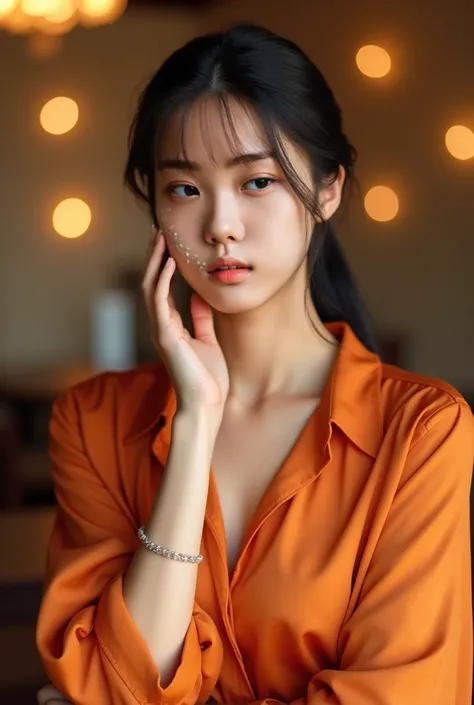 A sophisticated Asian woman in her early 30s with fair skin and sleek black hair neatly tied back in a low, clean style. The focus is on her upper body and face, as she poses gracefully, lightly touching her face with one hand in a confident and elegant ma...