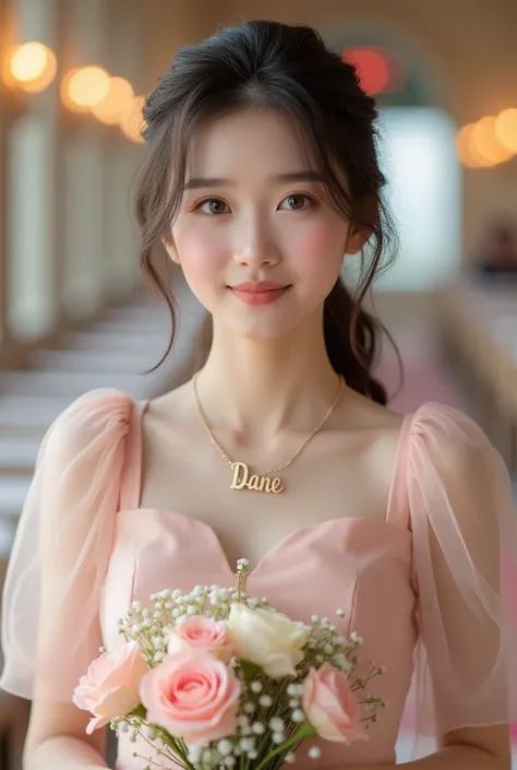 Create a 3D illusion realistic for a profile picture where a bridesmaid, she’s wearing a light pink, she’s looking at the camera, and she’s holding a bouquet, standing to the aisle The features "dane” at the necklace