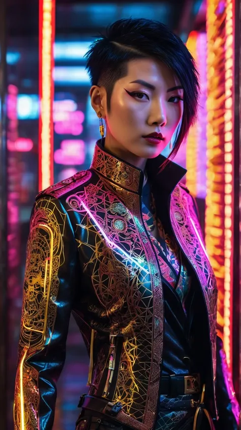 Realistic portrait of an Asian triad queen: Sharp heterochromatic eyes highlighted by glowing gold circuit-pattern scars. Her undercut hair is styled in samurai-inspired knots, laced with crimson fiber optics. She wears a cropped holographic yakuza blazer ...