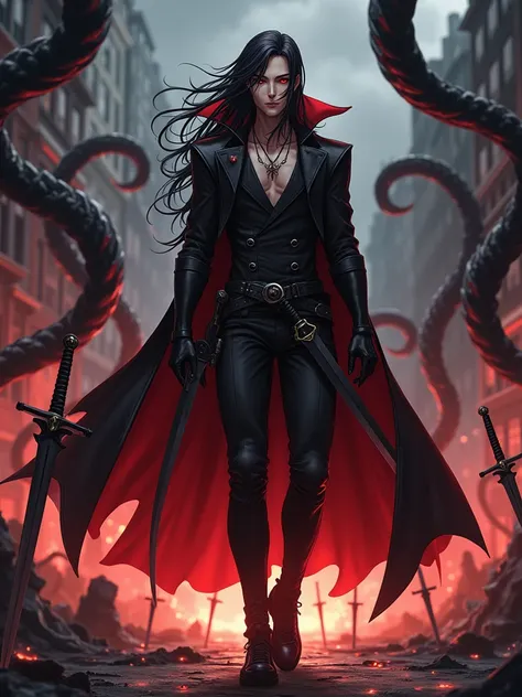  blood-eyed anime male with long hair in a gothic combat suit， strong body， Handsome，Turn sideways，There is a flame under your feet，The ground is full of swords ，Standing on the streets of the end ，Twelve giant black tentacles grew from behind him，Horror a...