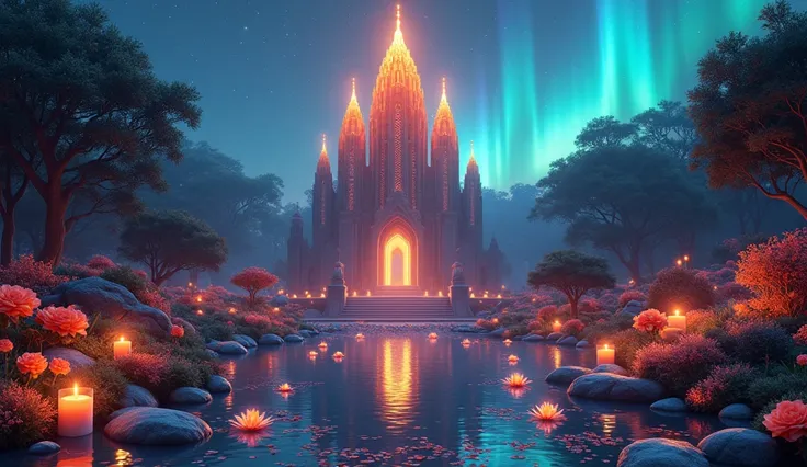  Fantasy temple with peaked towers of orange light crystal ,  the temple has 3 small balls of precious orange light on the top,  at night,  clear sky  con la  aurora borealis orange   de color naranja,  3 very large orange roses ,  at night,  7 orange wate...