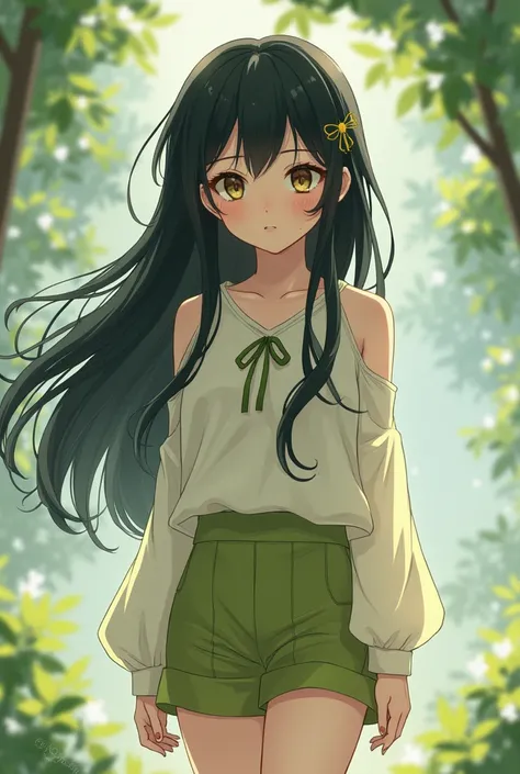 Young anime girl,  Black hair,  heavenly eyes , slim, with a small olive green ribbon and short clothes of that same color