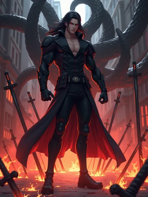 An anime male fighter with long blood eyes and long hair in a gothic combat suit， strong body， Handsome，Turn sideways，There is a flame under your feet，The ground is full of swords ，Standing on the streets of the end ，Twelve giant black tentacles grew from ...