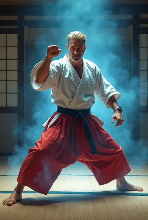 American man in his 50s、 Muscular、Blonde hair slicked back、Sharp Eyes、White karate uniform、Red Hakama、 watch 、手を床に叩きつける、tatami room 、青い光の柱が彼を囲む
