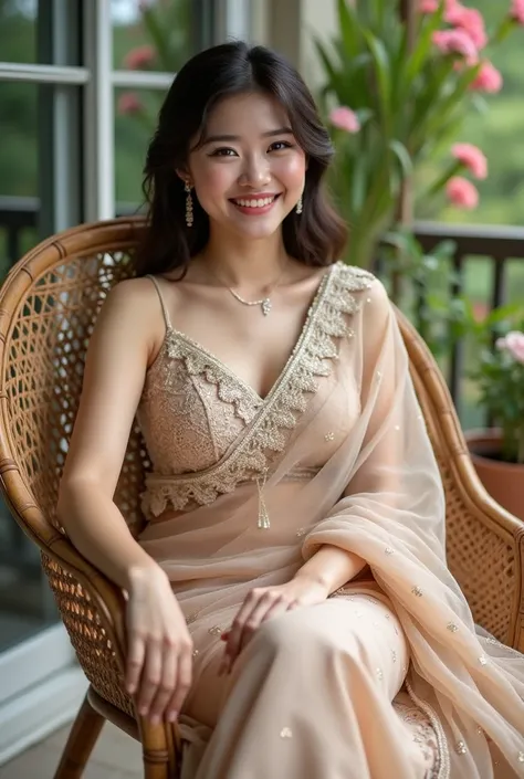 A beautiful Korean woman, with a slightly plump, proportional body, smiling at the camera, wearing a traditional Indian sari dress with lace and very luxurious decorations, wearing high heels, is seen posing sitting on a knitted rattan chair on the terrace...