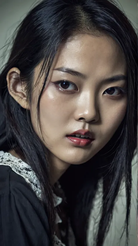 Create a portrait of an Asian female model of Thai-Japanese origin with an extremely creepy style, the photo captivates viewers