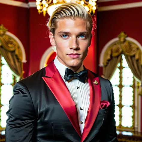 A portrait photograph of a young man dressed in formal attire, taken from a front angle slightly to the right. He has fair skin, bright blue eyes, and neatly styled light blonde hair with soft waves and a side parting. His expression is serious and contemp...