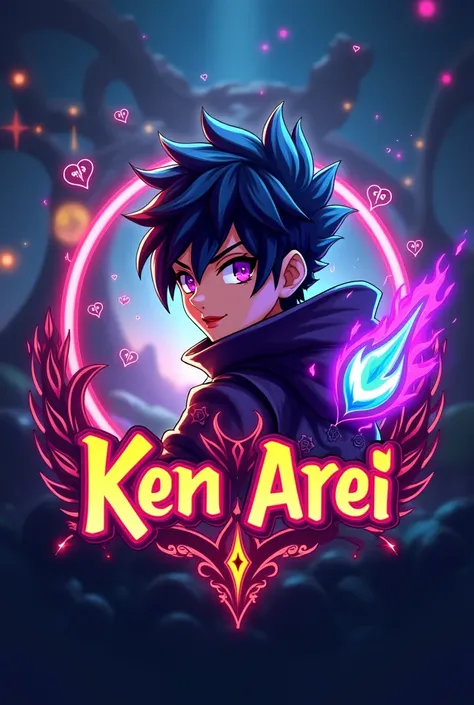   Design a vibrant 3d gaming logo with a cool anime character on the back of which the light is on, in the center it says “KEN AREI” , Fantasy world logo background 