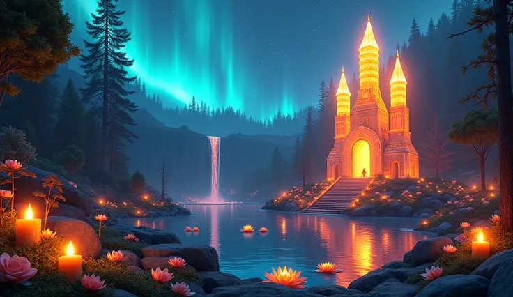  Fantasy temple with peaked towers of orange light crystal ,  the temple has 3 small balls of precious orange light on the top,  at night,  clear sky  con la  aurora borealis orange   de color naranja,  3 very large orange roses ,  at night,  7 orange wate...