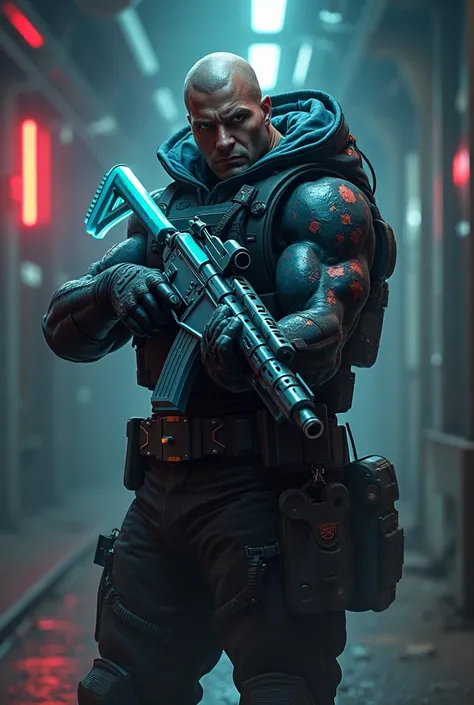 le personnage de volt de bloodstrike avec un un mp5 skin lumineux dans les mains 