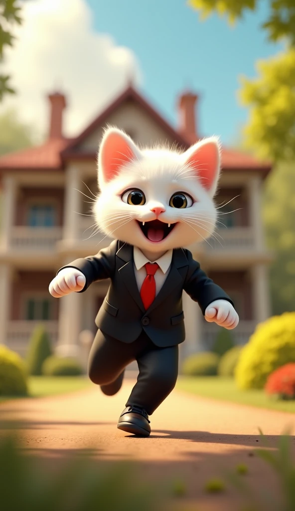 In cinematic 3D style, HD image, realistic image, colourful image.
Character, white baby cat wearing black suit and white shirt and red tie and black pant and black shoes 
Action,The white baby cat is running very fast in front of a beautiful house with bo...