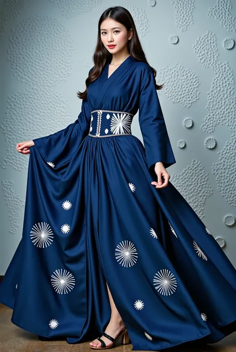 masterpiece, solo,full body, a woman, long hair,blue eyes,ドレス姿,the dress made from Japanese Yukata fabric, thin and soft fabric, dark deep blue, white firework pattern , elegant gown, long flowing sleeves inspired by traditional kimono, corset is inspired ...