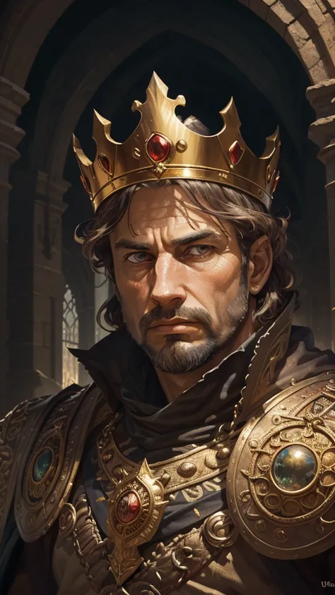 (a portrait of a king with a crown, male), fantasy style, illustration, male, (best quality,4k,8k,highres,masterpiece:1.2),ultra-detailed, natural lighting, dramatic shadows,majestic,ornate crown,flowing cape,piercing eyes,angular facial features,intricate...