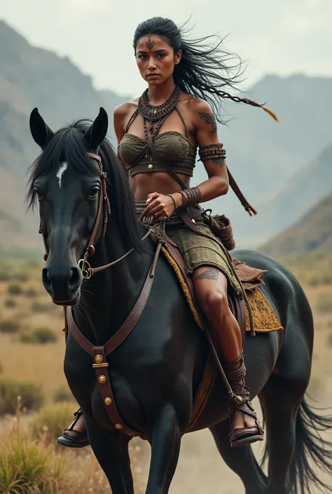 Primitive, female warrior, how to ride a big dark horse