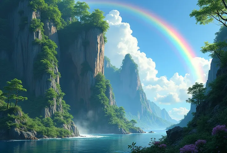 a stunning landscape of a cliff face covered in lush japanese vegetation, a vibrant rainbow arching across the sky, a small cave opening on the left side, (best quality,4k,8k,highres,masterpiece:1.2),ultra-detailed,(realistic,photorealistic,photo-realistic...