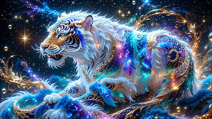 Generate A Tiger, Majestic Animal In The Style Of Fantasy And Celestial Art. Depict A Beautiful Tiger With Silk-Like Fur, Feathered Highlights, And Shimmering Iridescent Accents. Add Subtle Celestial Patterns And Ornate Jewel Embellishments.
Composition: F...