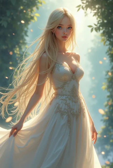 fantasy anime styled woman with blonde,back long straight hair and blue eyes wearing a detailed elegant dress with flowing fabrics