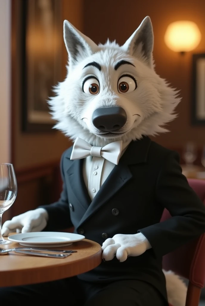 gari, zootopia, wolf, timberwolf , white fur, ,  standing device,  curious facial expression, mouth , blazer,  black shirt, white bow tie,trousers, Above, realistic 3D , render,  standing device, fluffy, High, cant, real life as, sitting in a restaurant