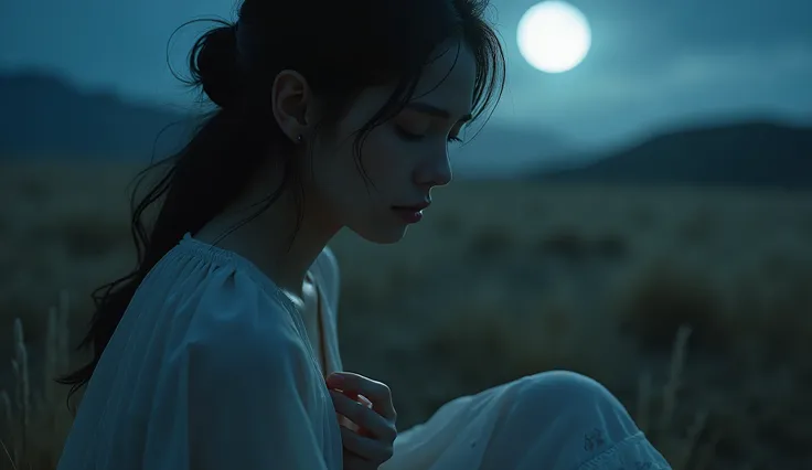 "Close-up of a young woman sitting alone under a bright full moon, her expression deeply melancholic. She wears a light, flowing dress that moves gently with the night breeze. Her face shows a faint tear glistening under the moonlight, emphasizing the sadn...