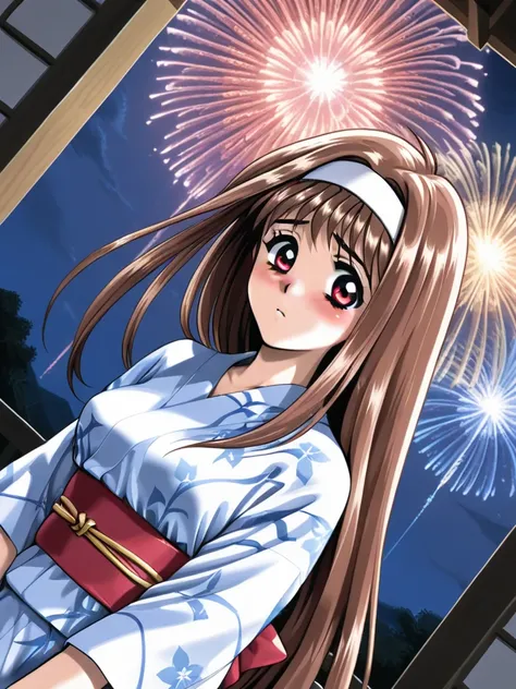 masterpiece, best quality, YuukiMizuho, 1girl, solo, long hair, brown hair, red eyes, medium breasts, hairband, blush, Japanese Yukata, firework, cinematic angle,