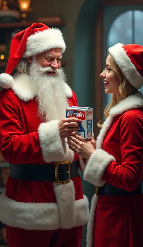 Realistic Santa Holding a condom box and giving it to a lady santa 